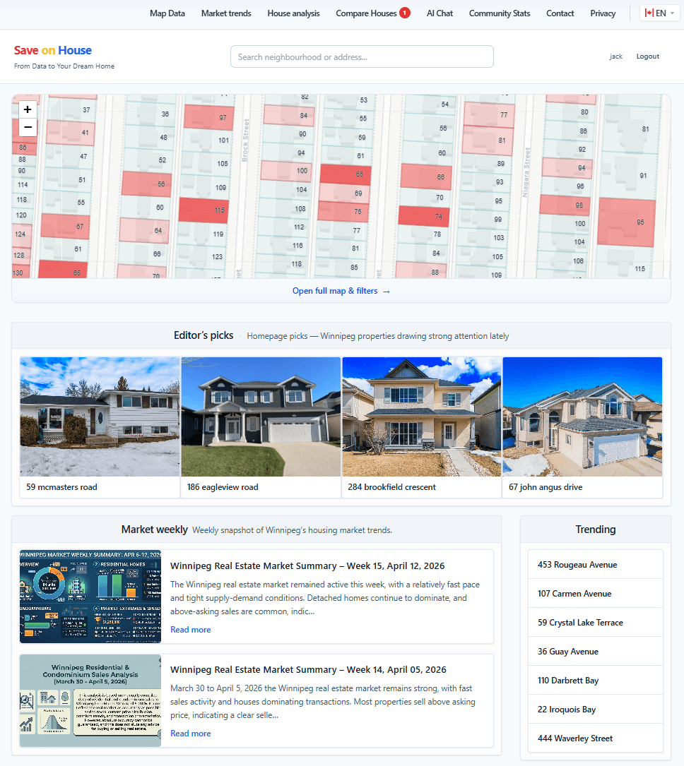 SaveOnHouse homepage before the redesign: map, editor’s picks, market weekly, trending